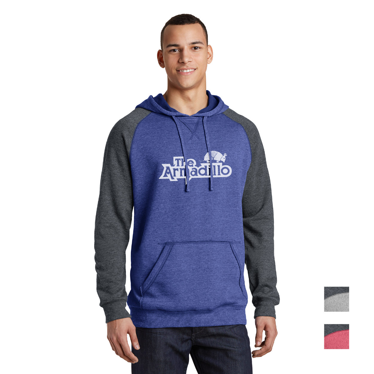District Lightweight Fleece Raglan Hoodie Decorated - Heathered Deep Royal Blue/Heathered Charcoal Grey (PMS 7687C)