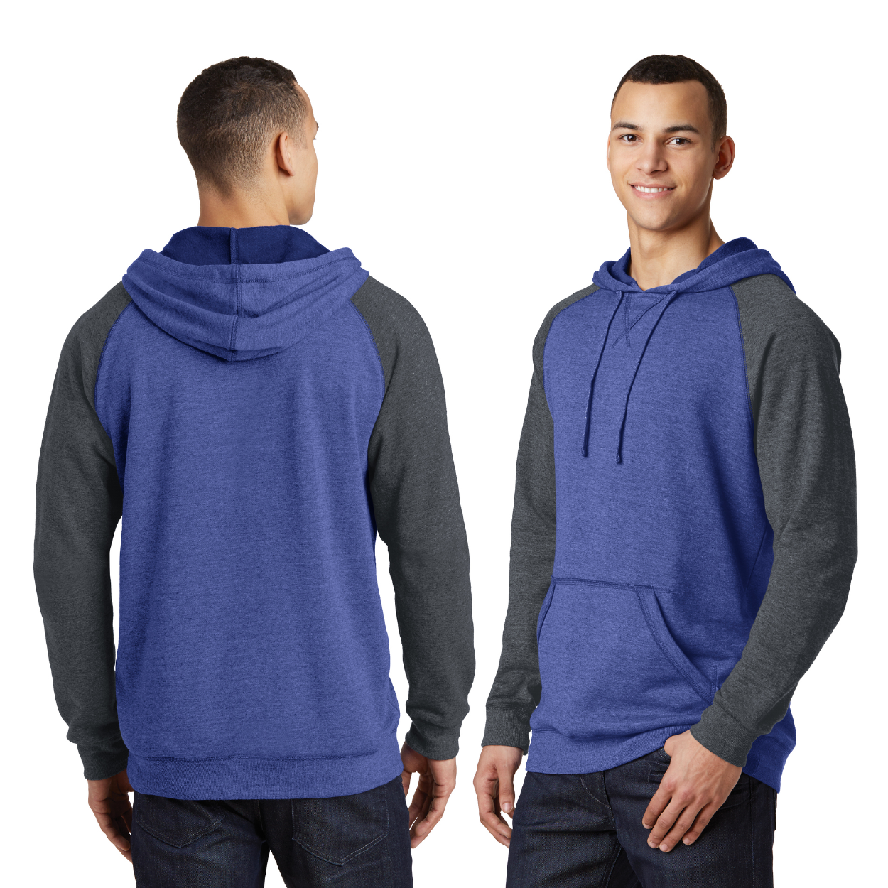 District Lightweight Fleece Raglan Hoodie Decorated - Heathered Grey/Heathered Charcoal Grey