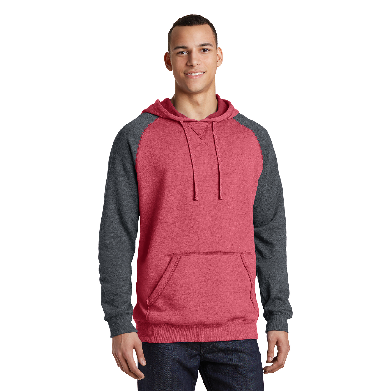 District Lightweight Fleece Raglan Hoodie Decorated - Heathered Red/Heathered Charcoal Grey (PMS 194C)