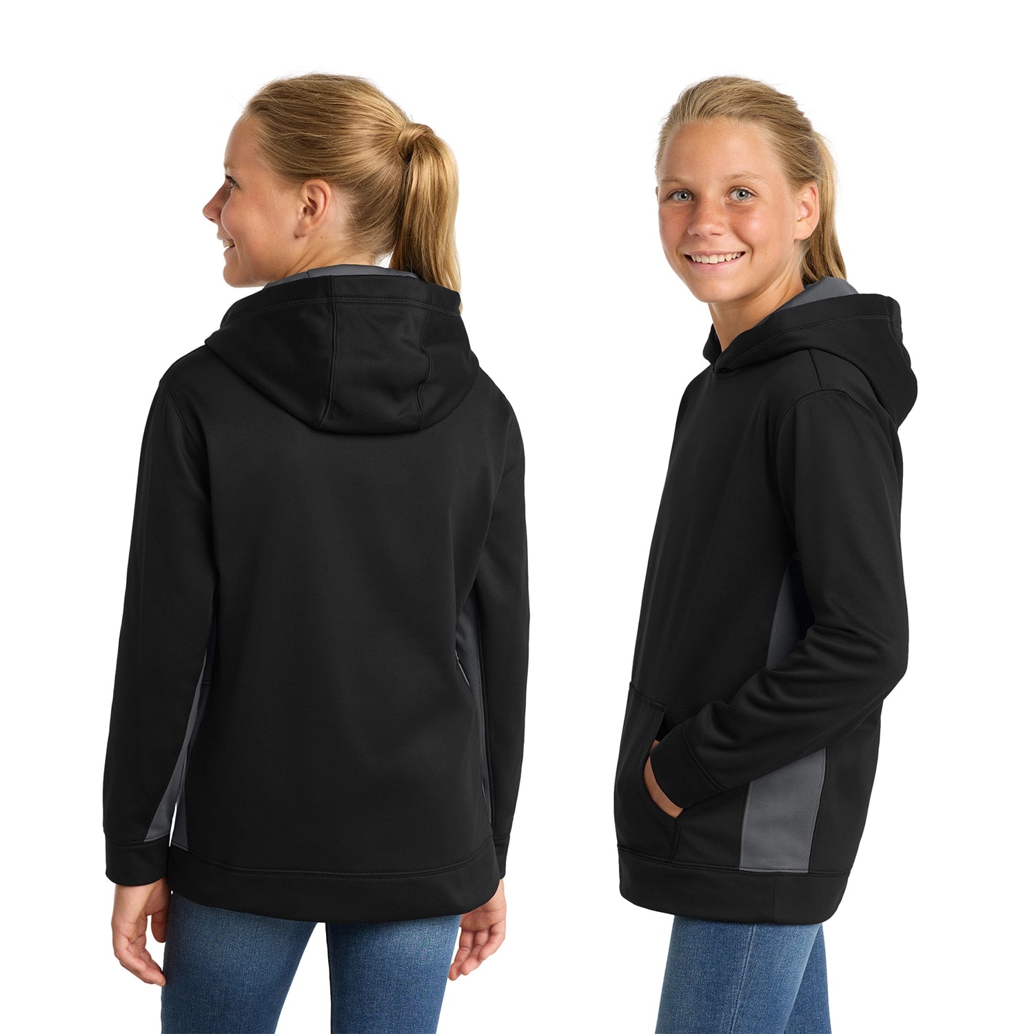 SportTek Decorated Youth SportWick® Fleece Colorblock Hooded Pullover