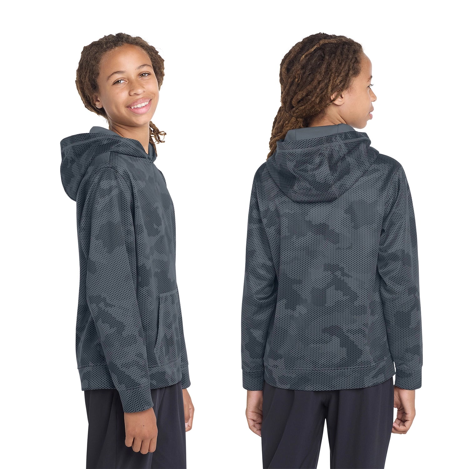 SportTek Decorated Youth SportWick CamoHex Fleece Hooded Pullover