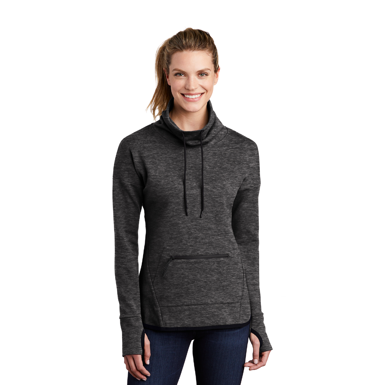 Sport-Tek Women's Triumph Cowl Neck Pullover Decorated - Dark Grey Heather