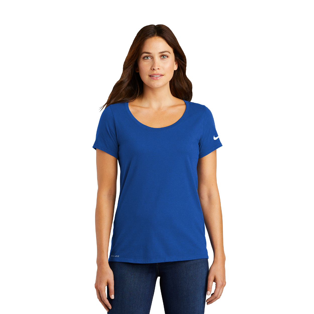 Nike Women's Dri-FIT Cotton/Poly Scoop Neck Tee Decorated - Rush Blue