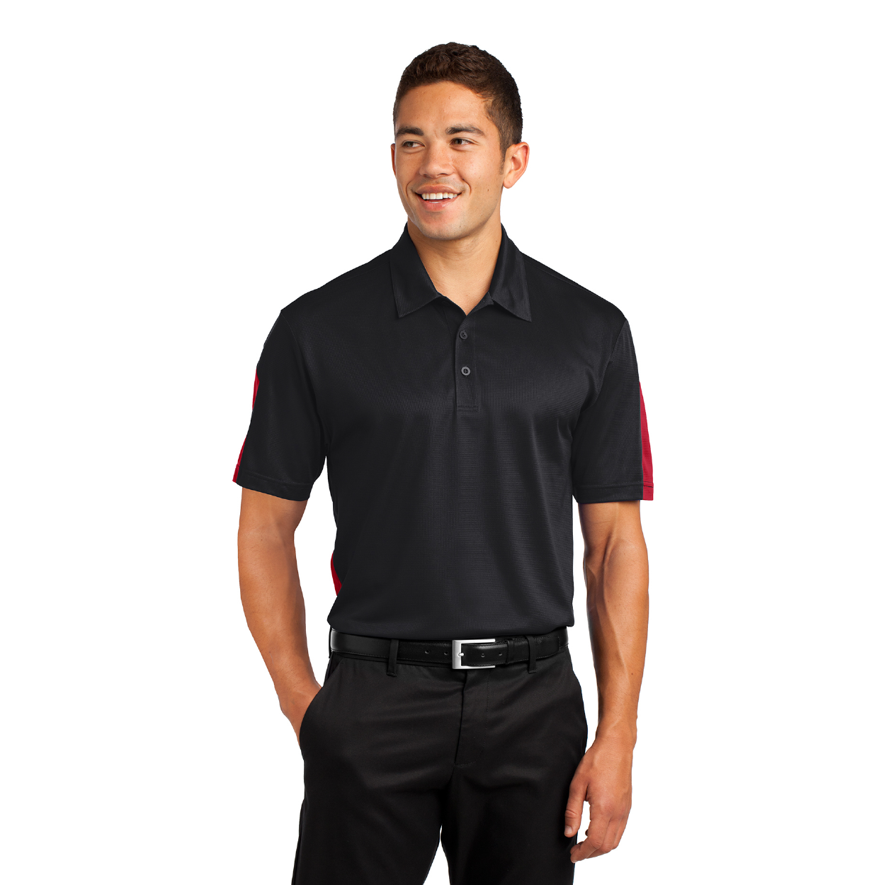 Sport-Tek PosiCharge Active Textured Colorblock Embroidered Polo - True Red/Grey