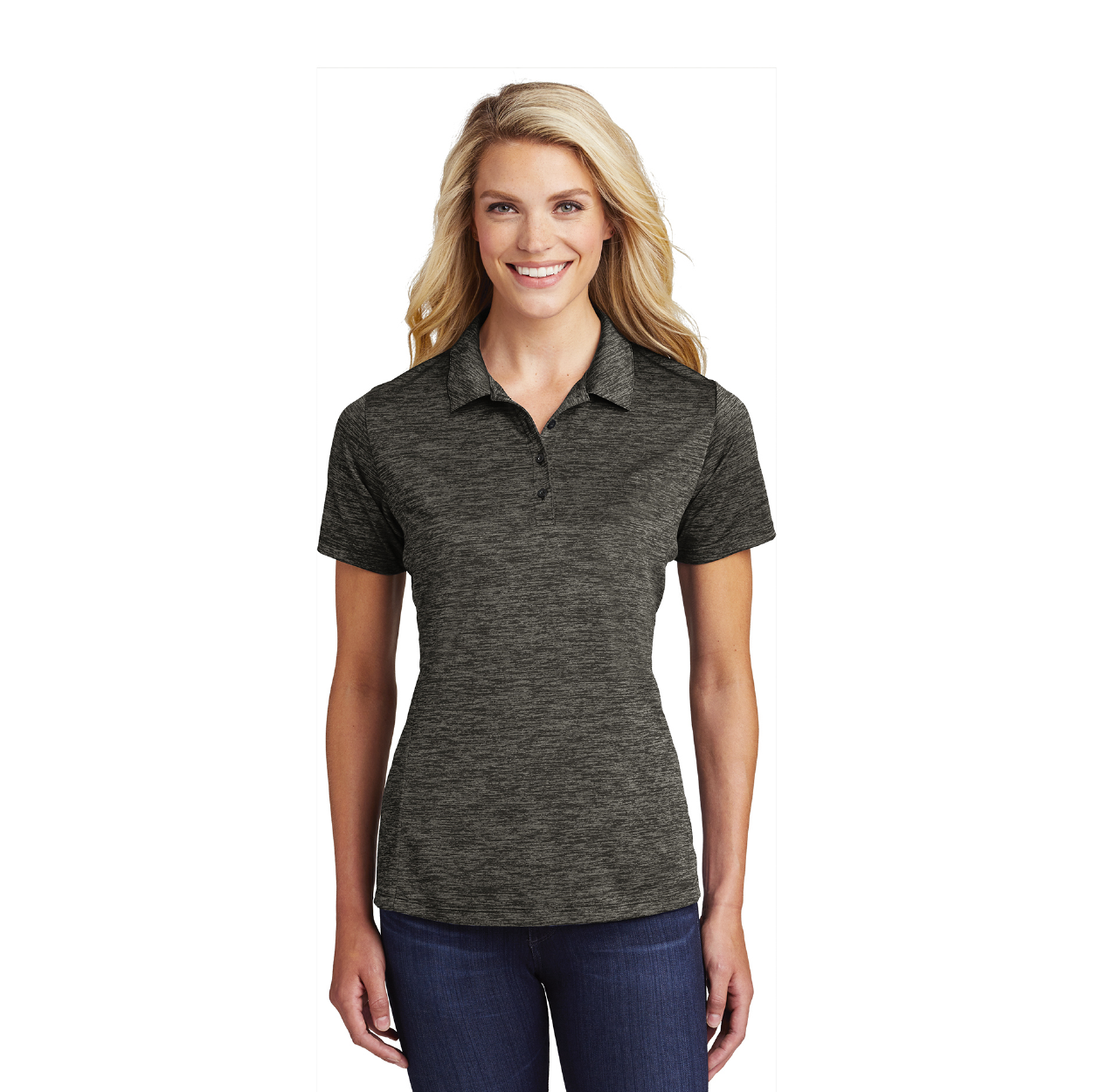 Sport-Tek Women's PosiCharge Electric Heather Embroidered Polo - Grey-Black Electric (PMS 431C)
