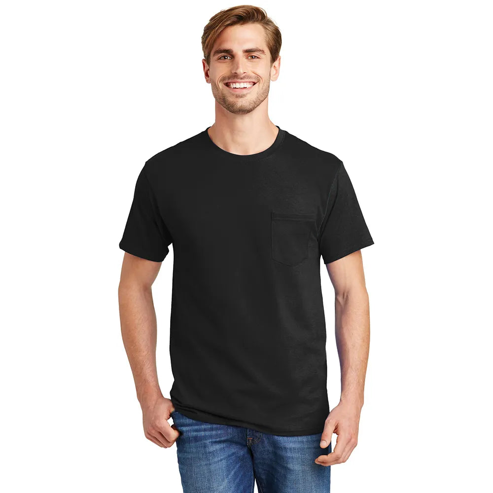 Hanes - Authentic 100% Cotton T-Shirt with Pocket Decorated - Black (PMS BLACK 6C)
