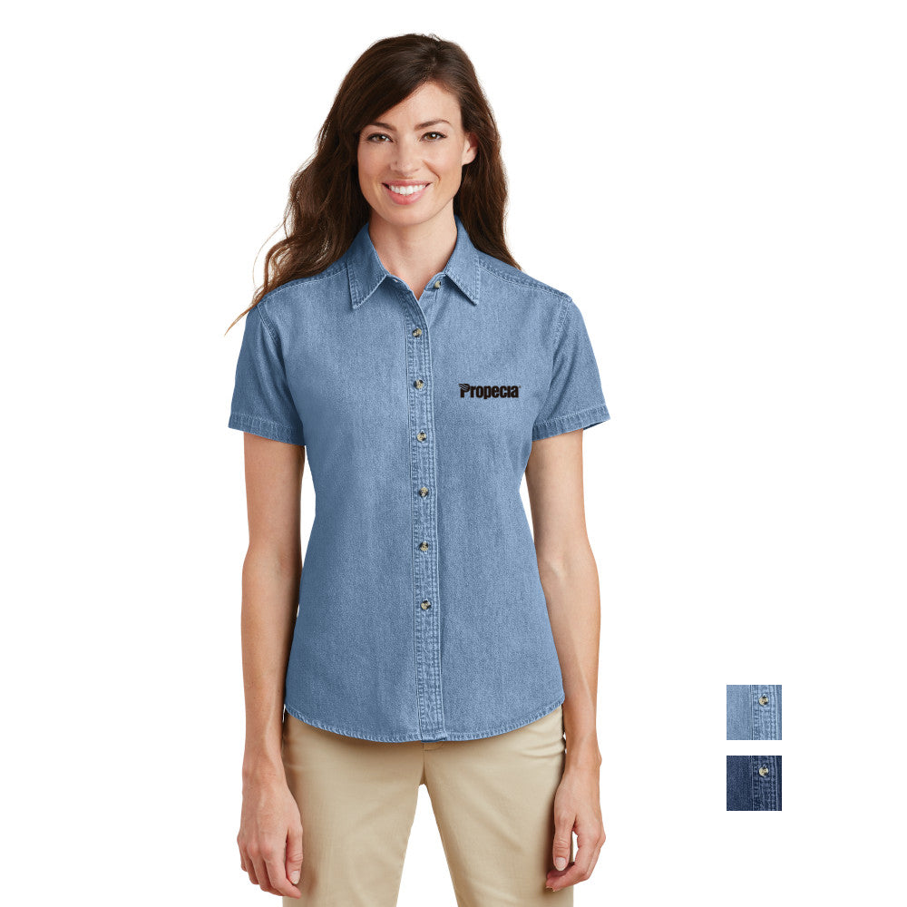 Port & Company Women's Short Sleeve Value Denim Shirt Embroidered - Faded Blue