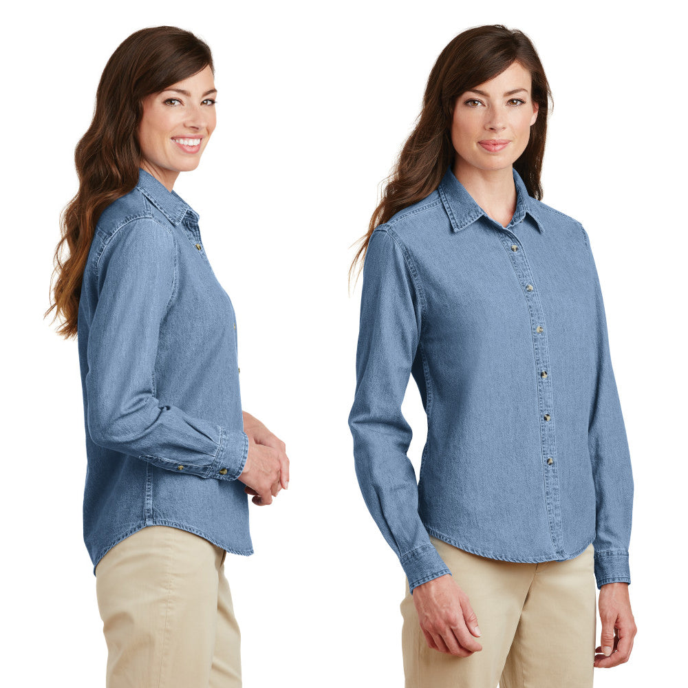 Port & Company Women's Long Sleeve Value Denim Shirt Embroidered - Ink Blue