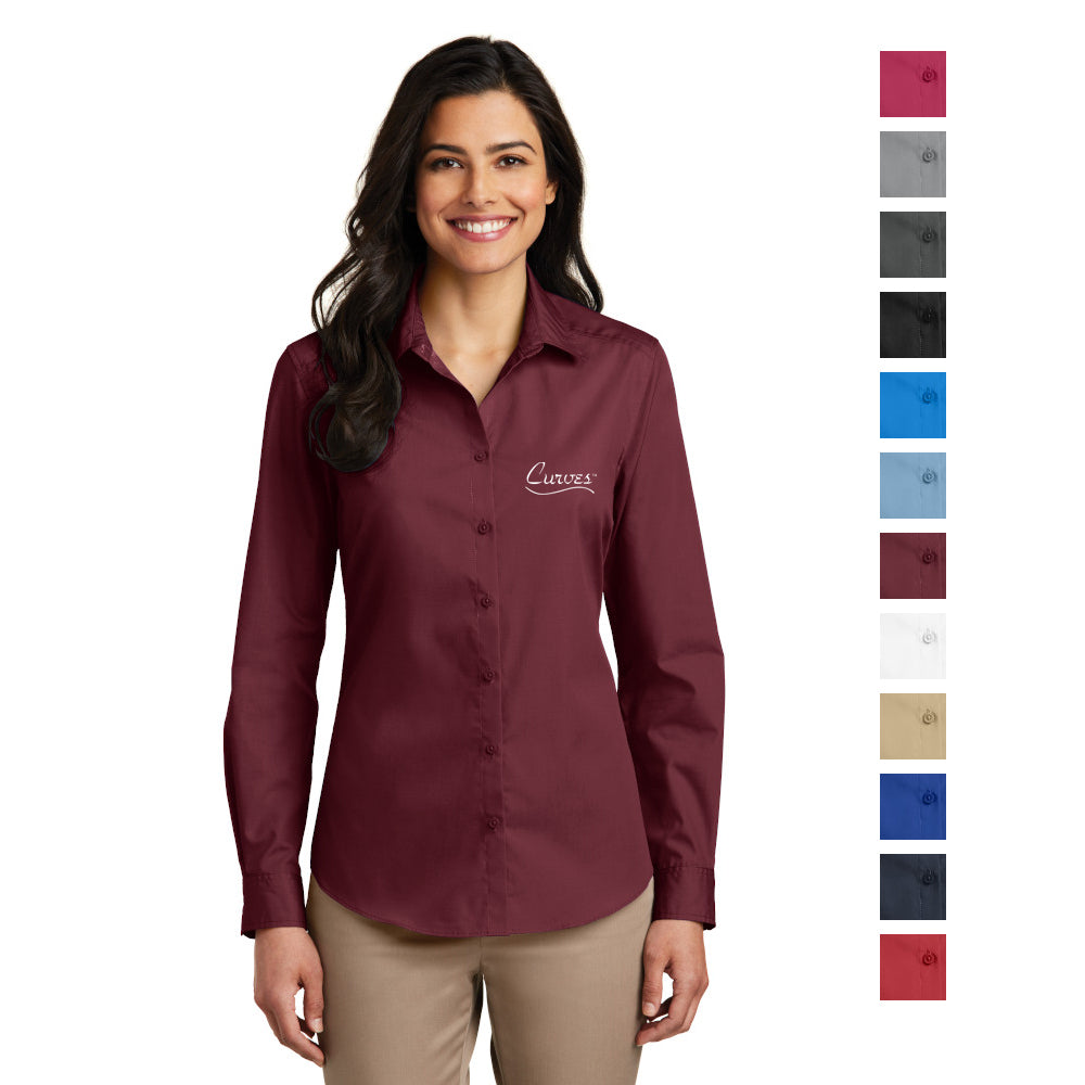 Port Authority Women's Long Sleeve Carefree Poplin Shirt Embroidered - Burgundy Red (PMS 7428C)