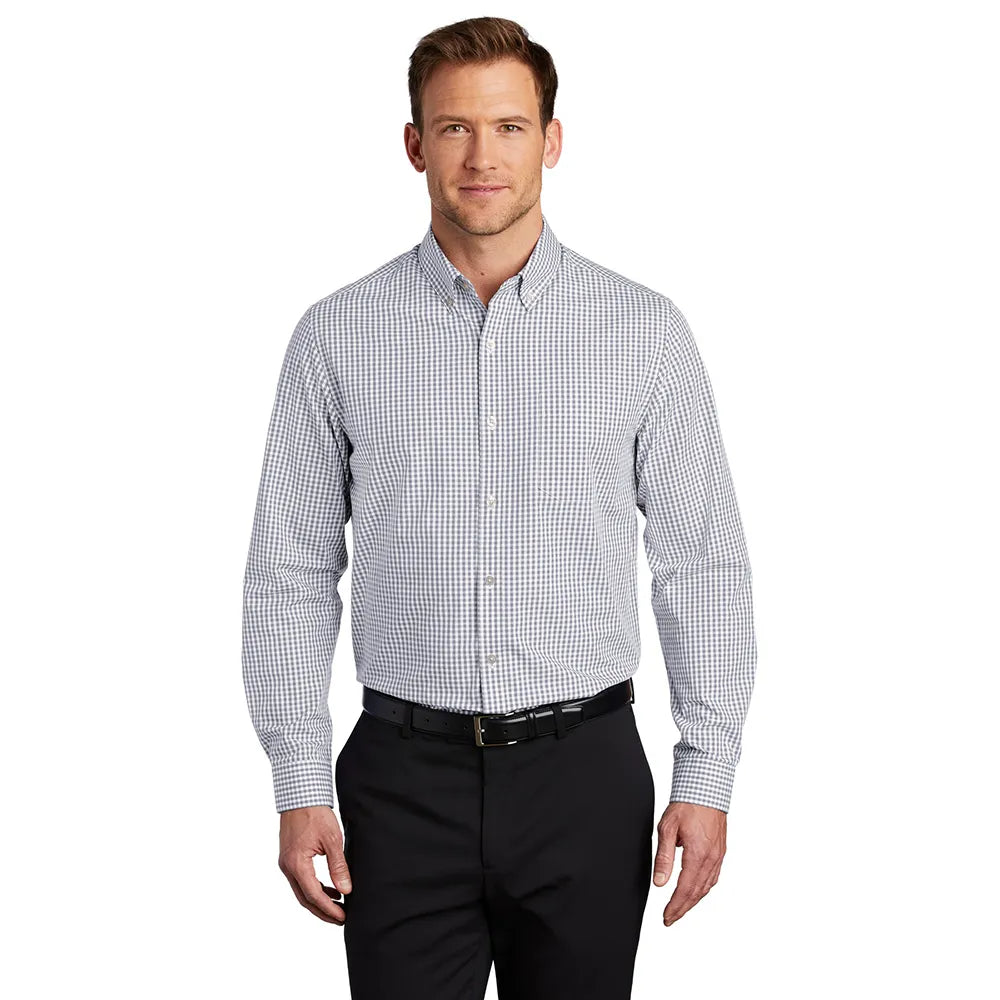 Port Authority Broadcloth Gingham Easy Care Shirt Embroidered – Gusty Grey/White