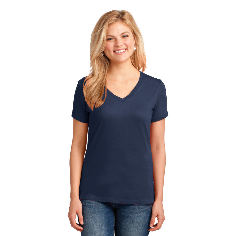 Port & Company Women's Core Cotton V-Neck Tee Decorated - Navy Blue