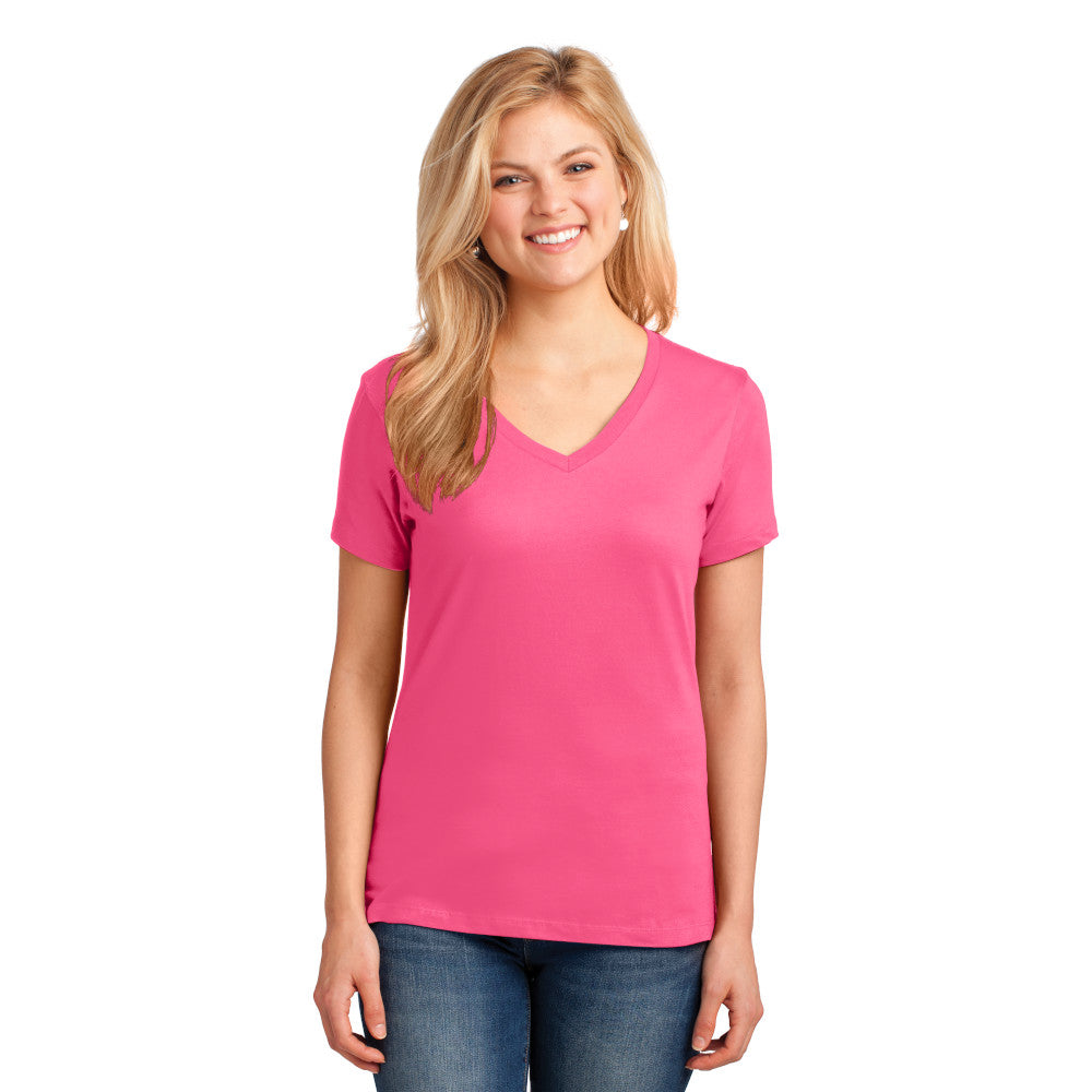 Port & Company Women's Core Cotton V-Neck Tee Decorated - Neon Pink