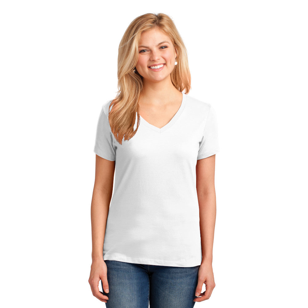 Port & Company Women's Core Cotton V-Neck Tee Decorated - White