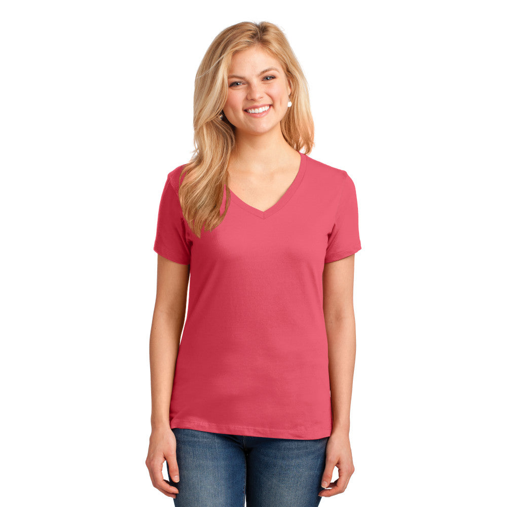 Port & Company Women's Core Cotton V-Neck Tee Decorated - Coral Red