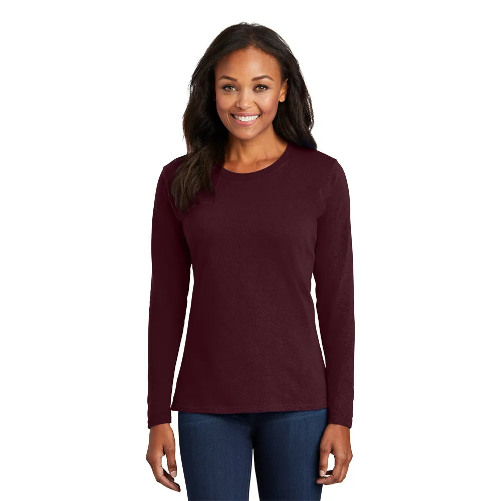 Port & Company Women's Long Sleeve Core Cotton Tee Decorated - Athletic Maroon Red