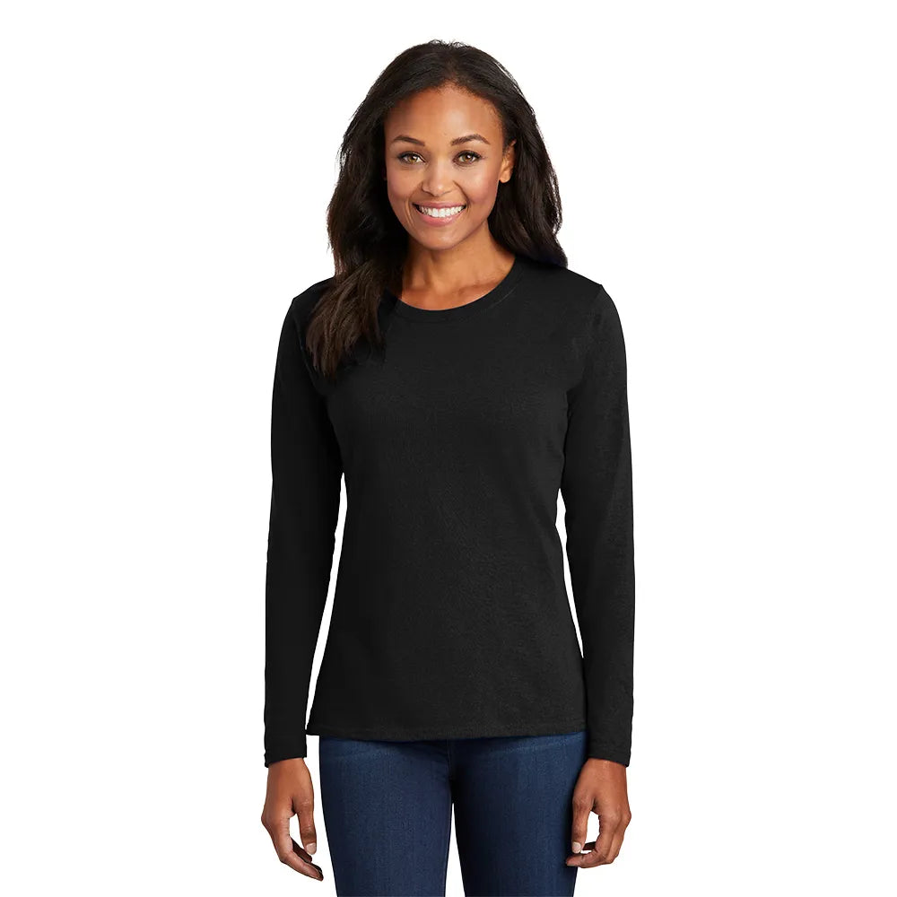 Port & Company Women's Long Sleeve Core Cotton Tee Decorated - Jet Black