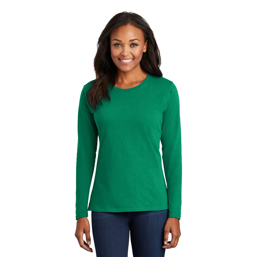 Port & Company Women's Long Sleeve Core Cotton Tee Decorated - Kelly Green