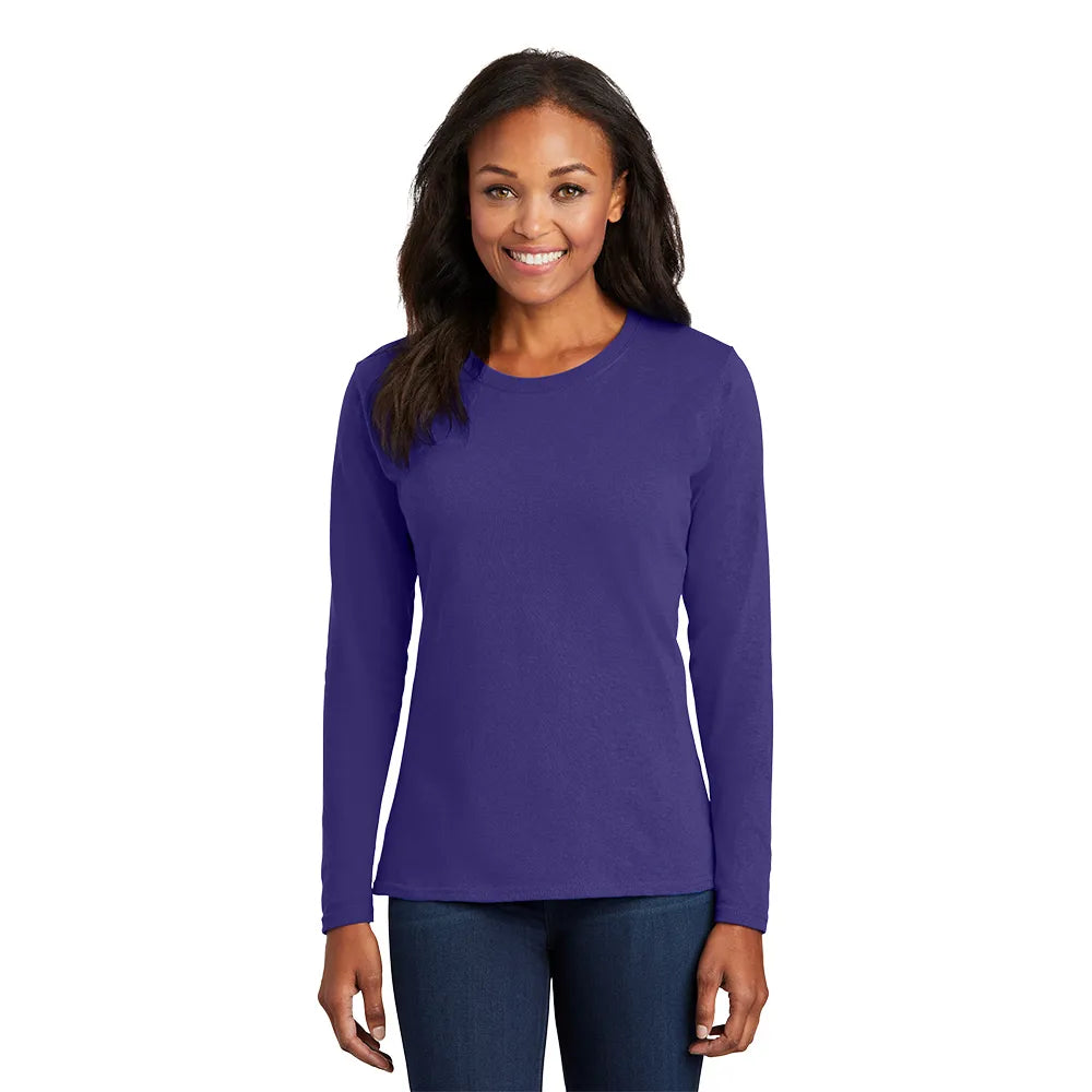 Port & Company Women's Long Sleeve Core Cotton Tee Decorated - Purple