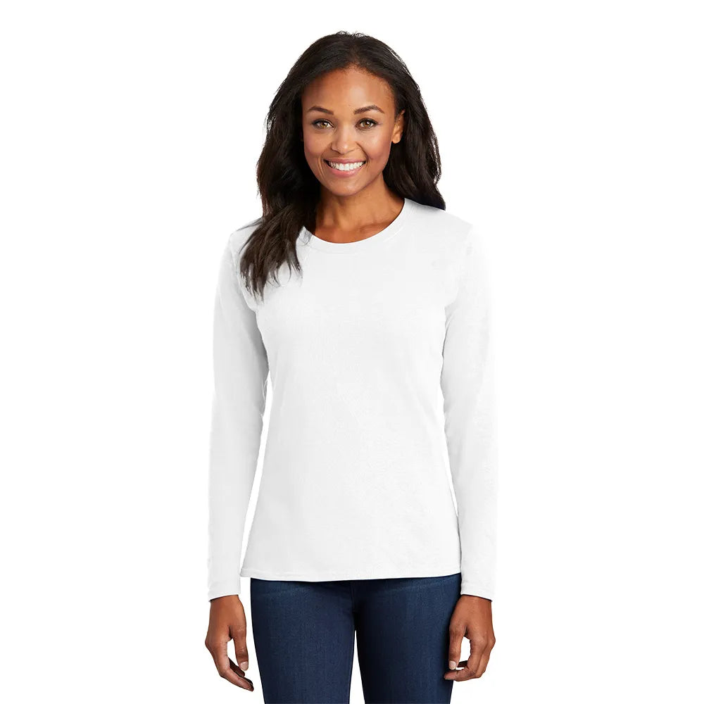 Port & Company Women's Long Sleeve Core Cotton Tee Decorated - White